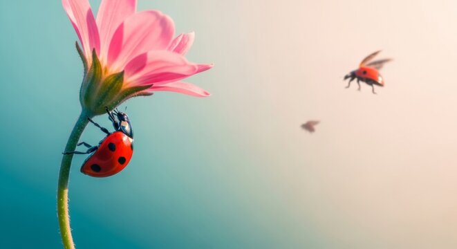 high definition macro of a ladybug on a curved pink flower stem with soft bokeh background