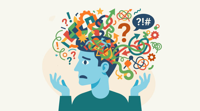 Overwhelmed man with chaotic thoughts and confusion.
