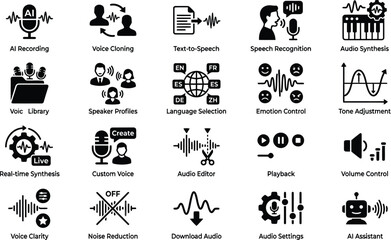 Fototapeta premium Vector icon set of AI voice generation tools speech recognition audio editing features and artificial intelligence sound engineering software parameters