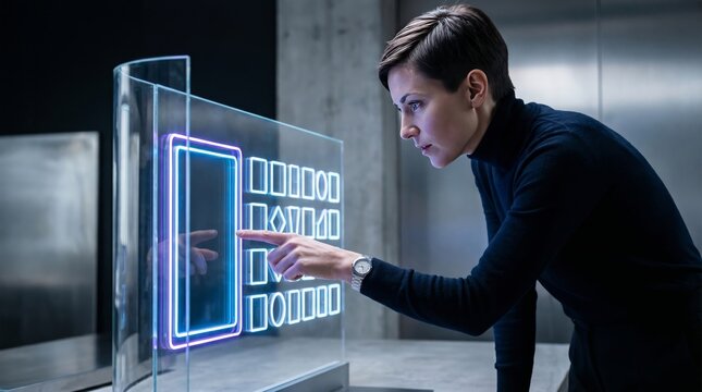 Professional woman working at a modern office desk using a futuristic transparent desktop computer screen to arrange glowing geometric design interfaces.