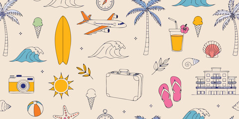 Travel themed seamless pattern with tropical vacation icons and holiday summer elements. © SarwarGfx
