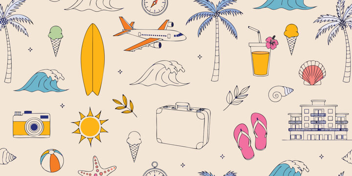 Travel themed seamless pattern with tropical vacation icons and holiday summer elements.