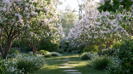 Obraz premium Beautiful garden with a pathway lined with trees on both sides. the trees are covered in pink and white flowers, creating a stunning display of color.