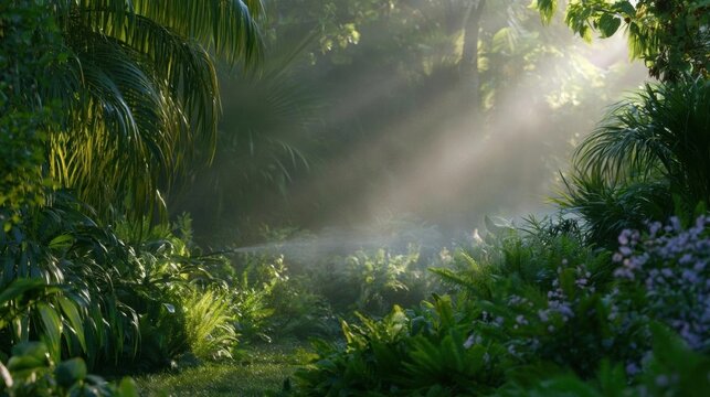 Beautiful landscape of a tropical garden. the garden is filled with lush greenery, including palm trees, ferns, and other tropical plants.