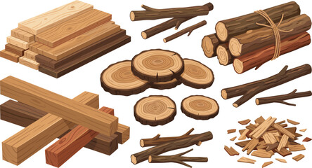 Wood Material Vector Set with Lumber Planks, Timber Logs, Tree Trunk Slices, Branches, and Woodchips for Carpentry, Forestry, and Construction Designs © Najir