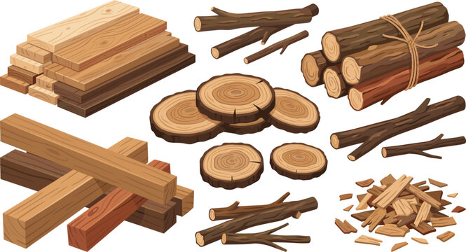 Wood Material Vector Set with Lumber Planks, Timber Logs, Tree Trunk Slices, Branches, and Woodchips for Carpentry, Forestry, and Construction Designs