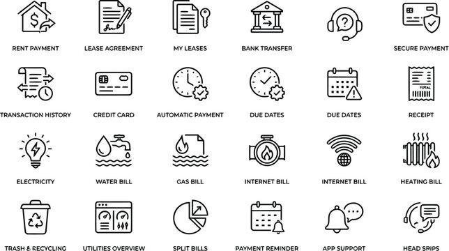 Black line vector icon set of rental property payments household utility bills and financial tenant management features with text labels