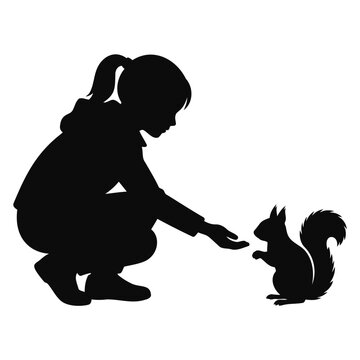 Silhouette of a young girl crouching and reaching out to feed a squirrel on a white background