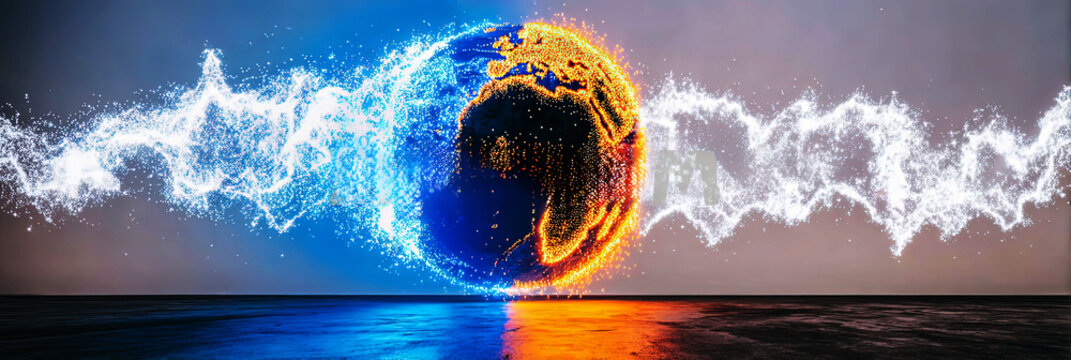 Quantum Networking and Global Energy Flow Visualization with a particle-based spherical data model and electromagnetic wave streams reflected on a dark liquid surface landscape