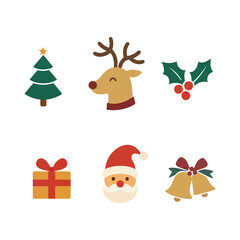 Fototapeta premium A set of christmas icons including a tree, reindeer, holly, gift, santa claus, and bells on white background