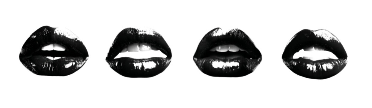Pop art mouth element with grunge black and white open lips and tongue. Vintage graphic illustration on transparent background.