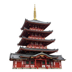 Fototapeta premium Traditional Japanese Pagoda Tower with Tiered Roofs in Vibrant Red Against White Background
