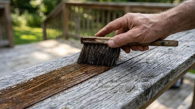 Hand applying dark wood stain to weathered deck railing | Close-up of DIY home maintenance and restoration project | Protecting outdoor wooden surfaces with sealant and wide brush tool