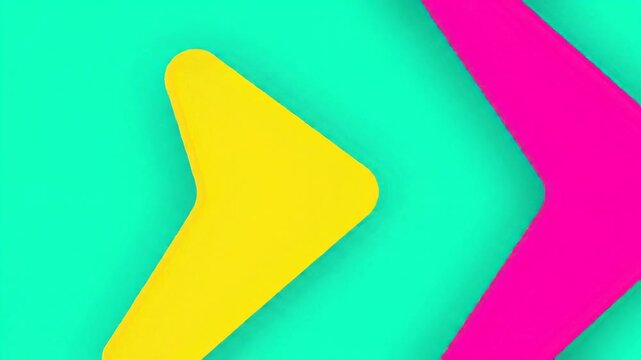 a sharp-edged hot pink equilateral triangle smoothly slides diagonally across a vibrant mint green background, pausing, then exiting, followed by a bright yellow triangle repeating the motion in this