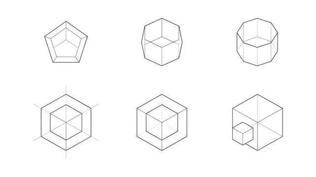 Six geometric cube line in black and white with internal diagonal lines geometry abstract
