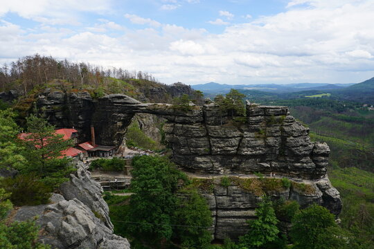 Scenic mountain panorama of Prebischtor (Pravcice Gate or Pravčick&aacute; brana) in Bohemian Switzerland, Czech Republic