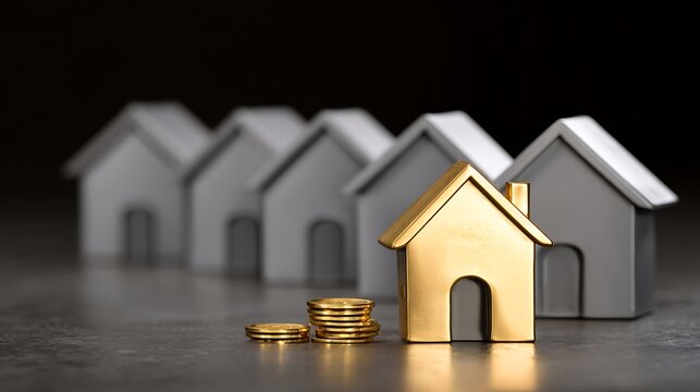 Prominent golden model house with stacked coins standing out from a row of grey houses representing premium real estate investment and property valuation concepts