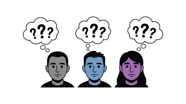 Three confused people with question marks above their heads in flat