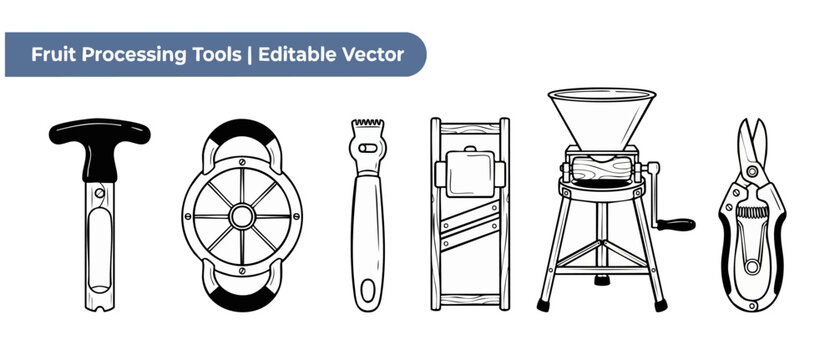 Fruit processing tools: corer, divider, zester, mandoline slicer, crusher mill, and pruning shears. Clean line art kitchen utensil vector icons isolated on a white background. Food prep graphics pack.