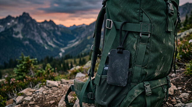 Blank black luggage tag mockup on a green hiking backpack in the mountains at sunset