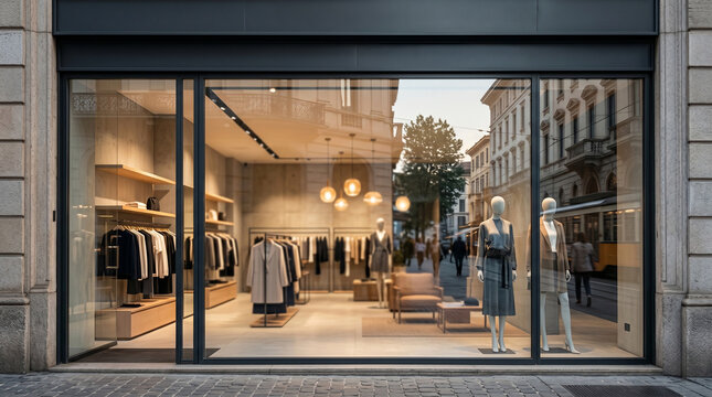 Blank rectangular storefront sign mockup above a modern clothing boutique window