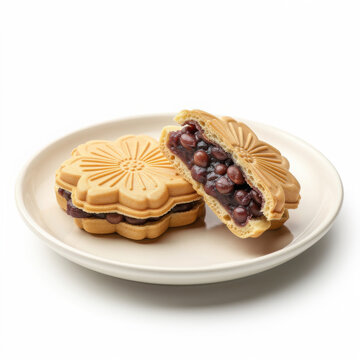 Monaka Wafer and Red Bean Sweet Isolated on White Background Square Composition Studio Shot