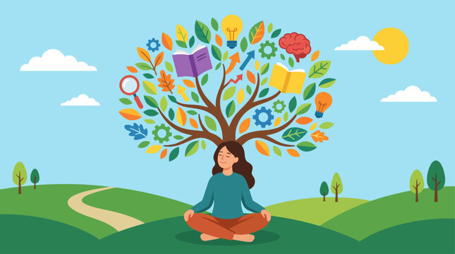 Woman meditating under knowledge tree.