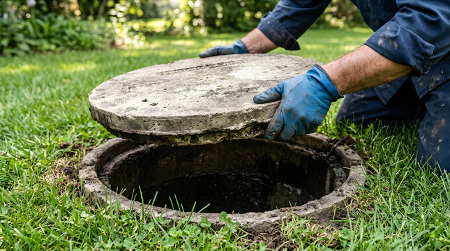 Worker lifting septic tank lid in backyard | Septic system maintenance and inspection | Plumbing professional opening sewage manhole | Home sanitation repair | Contractor cleaning cesspool
