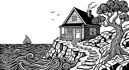 Naklejka premium Nautical Woodcut Illustration of a Cabin on a Cliff Overlooking Sea