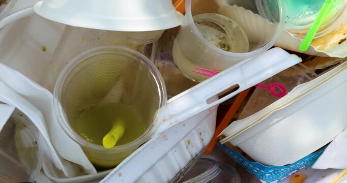 Garbage pile, Disposable plastic cups and containers highlighting pollution, Plastic waste, environmental waste, recycling issues, and single-use plastic consumption in daily life