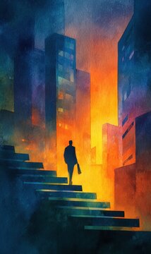 Watercolor scene of lone entrepreneur walking up glowing steps in modern city office dreamlike colors reflect ambition career growth resilience and future opportunity.