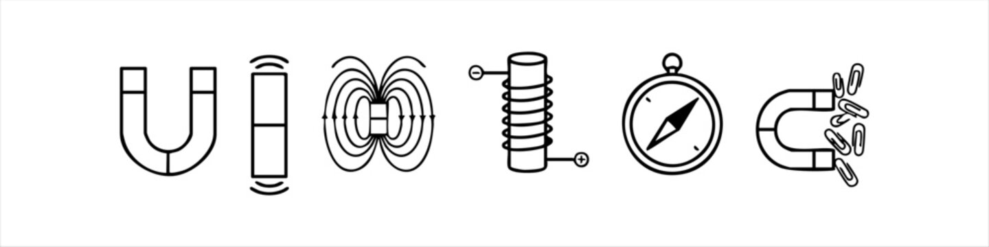 A comprehensive set of magnetism and physics icons in a clean, linear style. Includes magnets, magnetic fields, an electromagnet, and a compass for educational and scientific use.