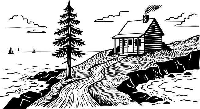 Vintage Linocut Illustration of a Coastal Cabin by the Sea