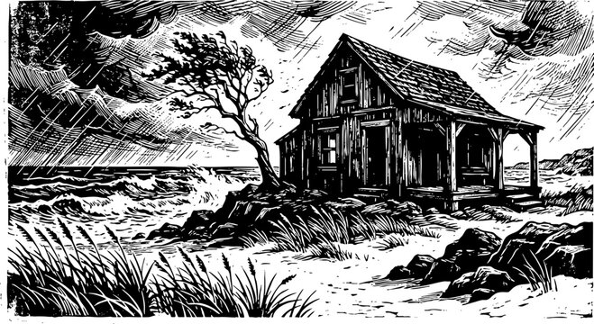 Stormy sea and wooden shack on the rocky beach woodcut style art