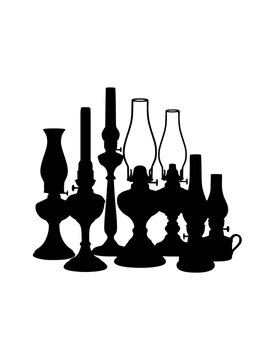 Antique Kerosene Lamps Silhouette Collection on White Background