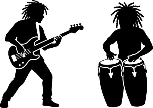 Silhouette of musicians with dreadlocks playing bass and congas