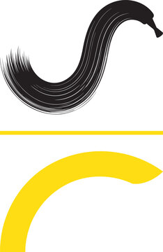 Minimalist vector graphic with black textured hair lock brushstroke and yellow curved arc for salon branding and beauty design