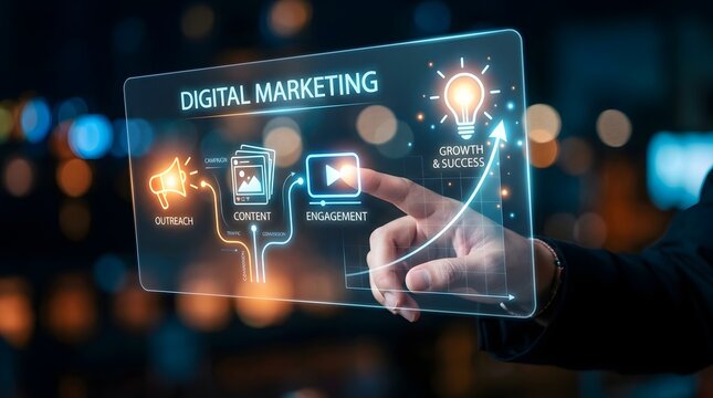Businessman interacting with holographic marketing funnel display showing awareness, consideration, conversion, loyalty stages with 76% growth and success