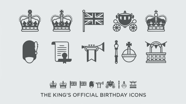 British Royal Icons: Crown, Carriage, Flag, Trumpet, Guard, Diploma, Bunting