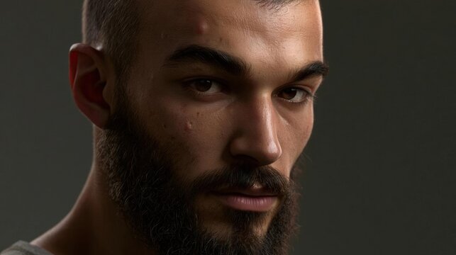 Close-up portrait of a young man's face. he has a full beard and mustache, and his hair is neatly combed back. he is looking directly at the camera with a serious expression on his face.