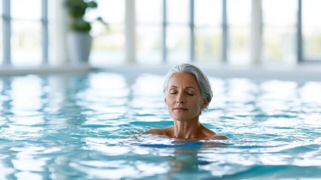 Middle-aged woman in a swimming pool. she is submerged in the water with her eyes closed and her head tilted back, as if she is enjoying the water.