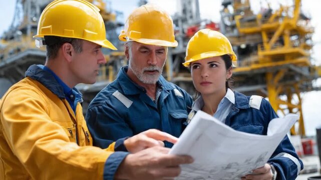 Industrial Consultation: Three construction workers in hard hats examine blueprints on an industrial site, suggesting planning and collaboration in a large-scale project.