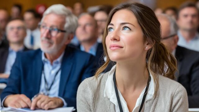 Engaged Audience at a Seminar: A young woman attentively listens during a presentation, her gaze fixed forward, while others in the blurred background also engage with the event.