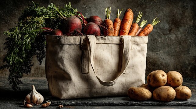 Organic root vegetables including beets and carrots inside canvas tote bag with potatoes and garlic on rustic dark stone surface in moody kitchen or pantry environment