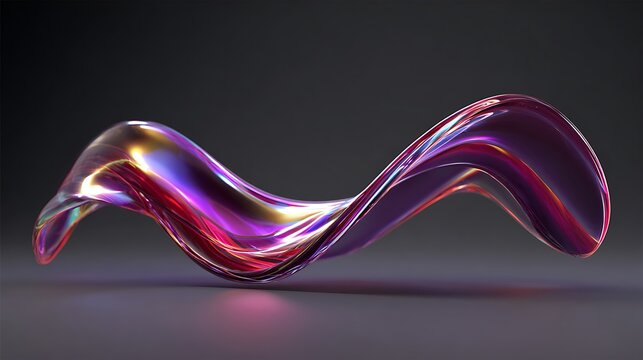 Abstract iridescent glass wave flowing with vibrant purple and gold light reflections against minimalist dark studio setting for modern digital design projects