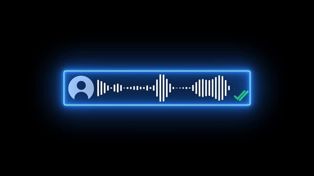 Animated neon glowing blue voice message chat bubble looping motion graphic, futuristic audio wave UI HUD element, social media communication symbol on black background 4k.