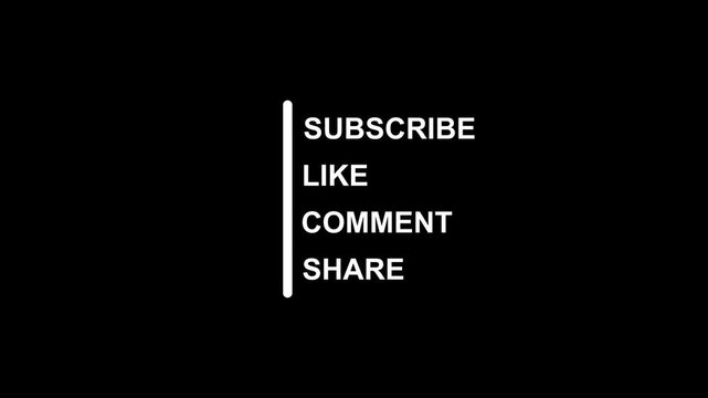 White subscribe like comment share text line icon looping motion graphic, white social media video player call-out symbol on black background 4k loop.