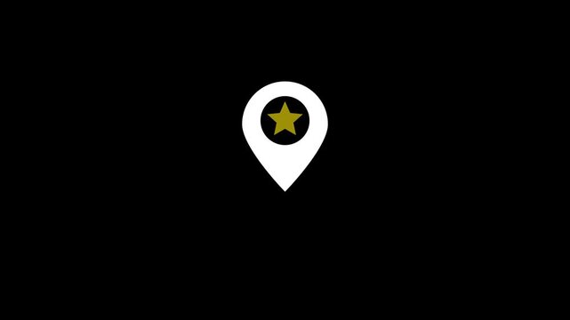 Animated map pointer line icon looping motion graphic element, white location pin symbol with gold star, favorite place navigation sign on black background 4k video loop.