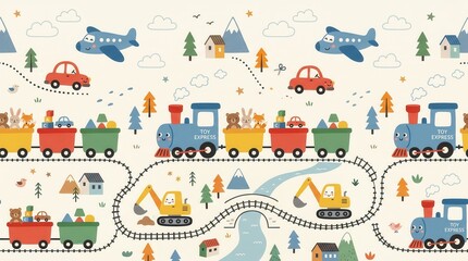 Fototapeta premium Cartoon Toy Express trains carry animals and blocks through a colorful village and mountain scene
