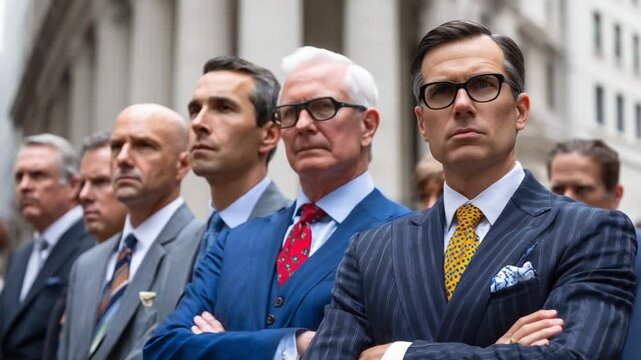 The Boardroom Stare: A powerful group of suited executives stand with steely resolve, embodying corporate authority and strategic decision-making.